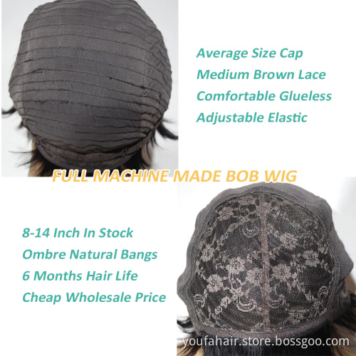 Dropshipping Brazilian Human Virgin Hair Bob Wig Ombre Color 1b Green Machine Made Short Bob Wigs with Bangs for Black Women